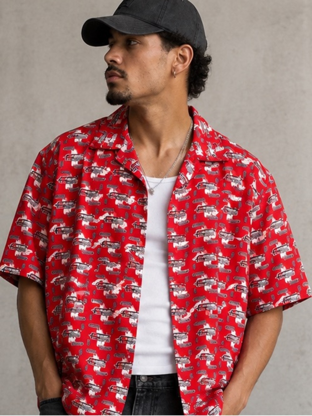 VTG 90s FUBU Urban Wear Short Sleeve Button Up Shirt Red Graphic Cyber Size L